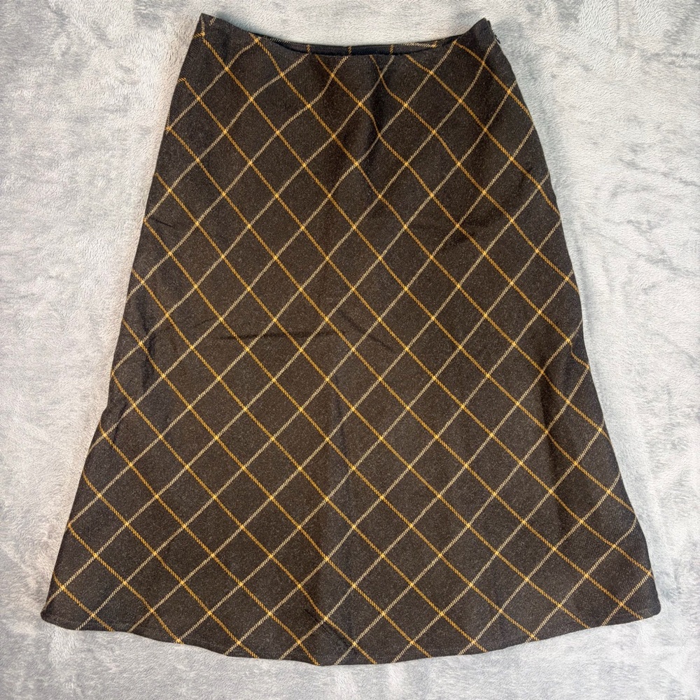 Lands' End A-Line Wool Blend Midi Skirt Womens 2 Brown Plaid Side Zip Lined